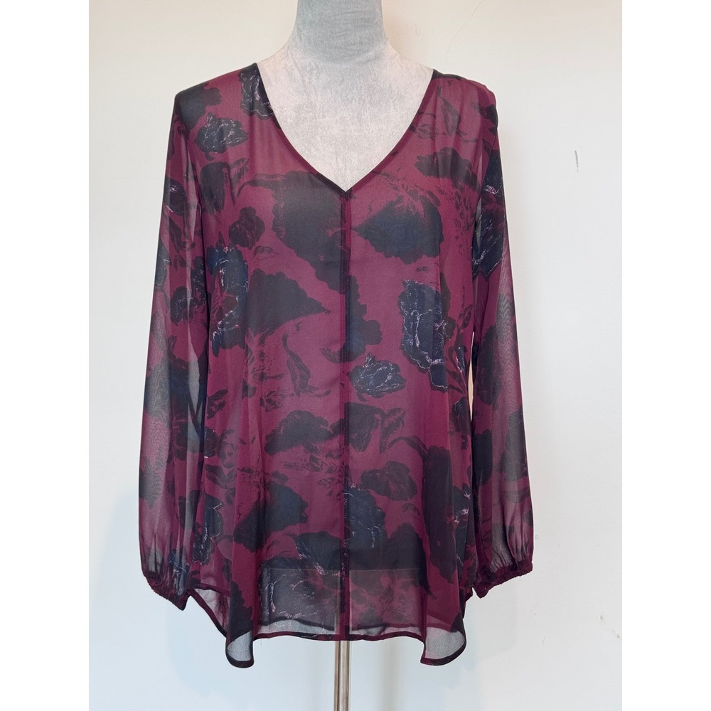 LOFT Outlet Burgundy Sheer Floral V-Neck Blouse Long Sleeve Size S
